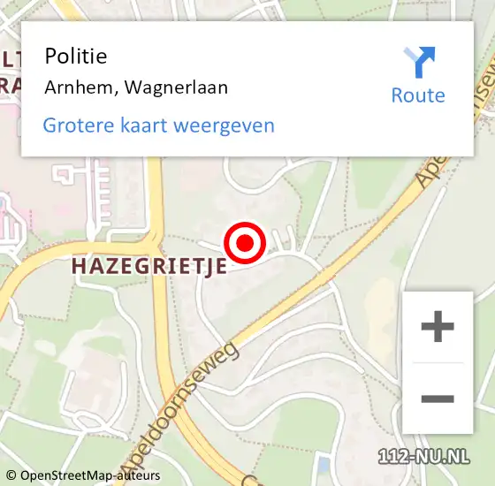 Locatie op kaart van de 112 melding: Politie Arnhem, Wagnerlaan op 24 mei 2024 14:26