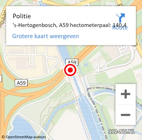 Locatie op kaart van de 112 melding: Politie 's-Hertogenbosch, A59 hectometerpaal: 140,4 op 24 mei 2024 14:55