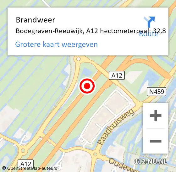 Locatie op kaart van de 112 melding: Brandweer Bodegraven-Reeuwijk, A12 hectometerpaal: 32,8 op 24 mei 2024 15:18