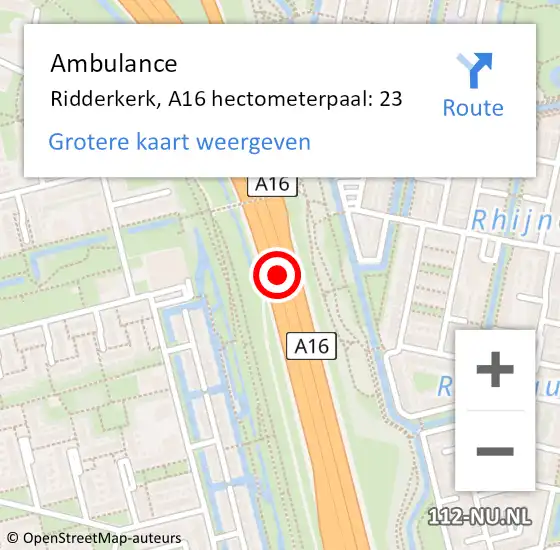 Locatie op kaart van de 112 melding: Ambulance Ridderkerk, A16 hectometerpaal: 23 op 24 mei 2024 15:28