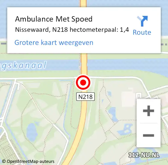Locatie op kaart van de 112 melding: Ambulance Met Spoed Naar Nissewaard, N218 hectometerpaal: 1,4 op 24 mei 2024 15:31