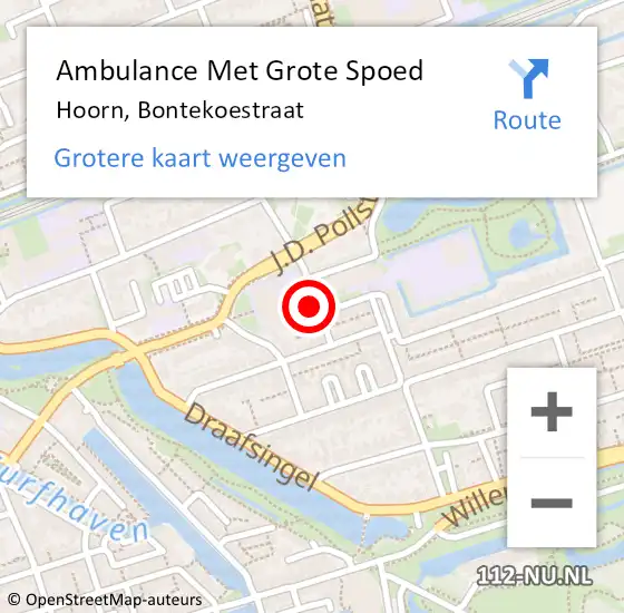 Locatie op kaart van de 112 melding: Ambulance Met Grote Spoed Naar Hoorn, Bontekoestraat op 24 mei 2024 15:34