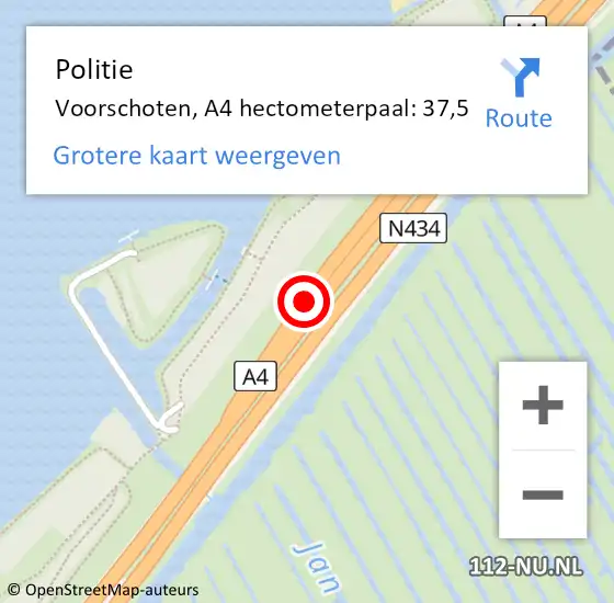 Locatie op kaart van de 112 melding: Politie Voorschoten, A4 hectometerpaal: 37,5 op 24 mei 2024 15:42