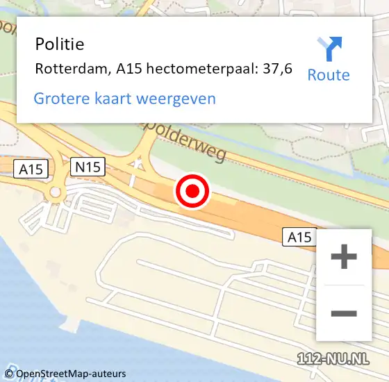 Locatie op kaart van de 112 melding: Politie Rotterdam, A15 hectometerpaal: 37,6 op 24 mei 2024 15:47