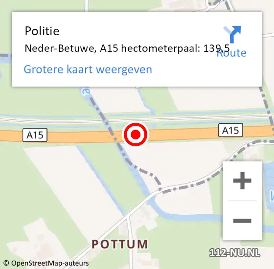 Locatie op kaart van de 112 melding: Politie Neder-Betuwe, A15 hectometerpaal: 139,5 op 24 mei 2024 16:40