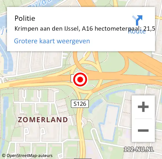 Locatie op kaart van de 112 melding: Politie Krimpen aan den IJssel, A16 hectometerpaal: 21,5 op 24 mei 2024 16:49