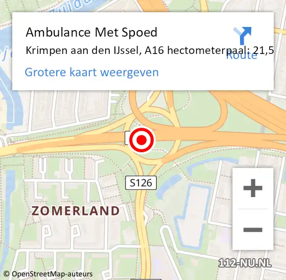 Locatie op kaart van de 112 melding: Ambulance Met Spoed Naar Krimpen aan den IJssel, A16 hectometerpaal: 21,5 op 24 mei 2024 16:50
