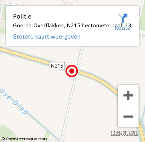 Locatie op kaart van de 112 melding: Politie Goeree-Overflakkee, N215 hectometerpaal: 13 op 24 mei 2024 17:44