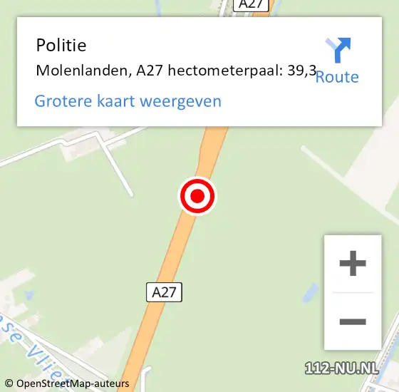 Locatie op kaart van de 112 melding: Politie Molenlanden, A27 hectometerpaal: 39,3 op 24 mei 2024 18:36