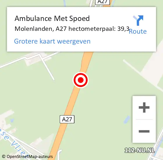 Locatie op kaart van de 112 melding: Ambulance Met Spoed Naar Molenlanden, A27 hectometerpaal: 39,3 op 24 mei 2024 18:37