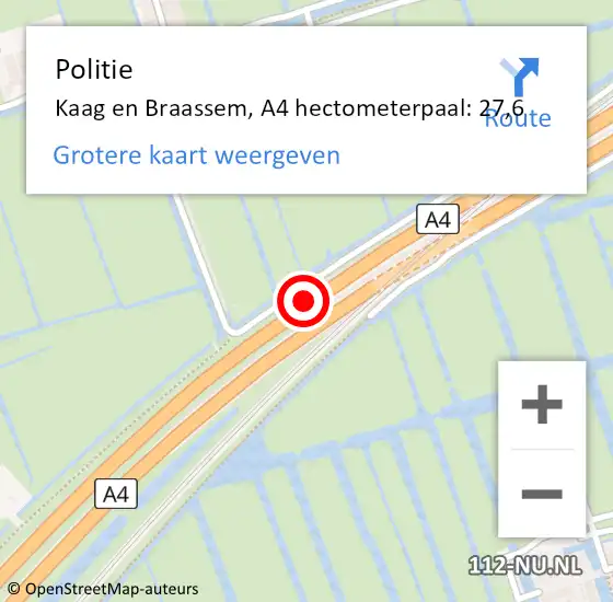 Locatie op kaart van de 112 melding: Politie Kaag en Braassem, A4 hectometerpaal: 27,6 op 24 mei 2024 19:40