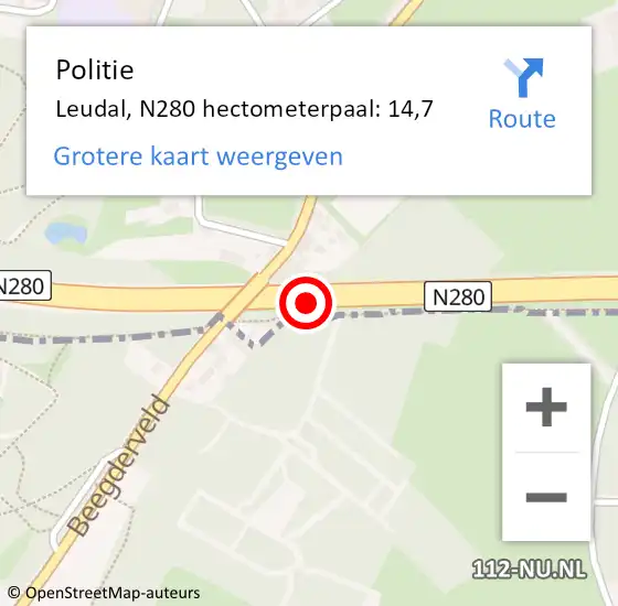 Locatie op kaart van de 112 melding: Politie Leudal, N280 hectometerpaal: 14,7 op 24 mei 2024 19:52