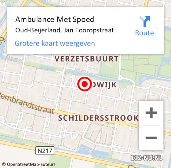 Locatie op kaart van de 112 melding: Ambulance Met Spoed Naar Oud-Beijerland, Jan Tooropstraat op 24 mei 2024 19:57