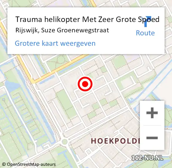 Locatie op kaart van de 112 melding: Trauma helikopter Met Zeer Grote Spoed Naar Rijswijk, Suze Groenewegstraat op 24 mei 2024 20:40