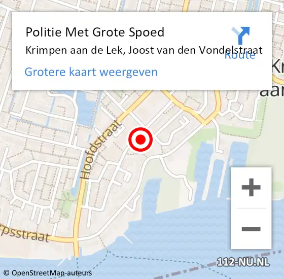 Locatie op kaart van de 112 melding: Politie Met Grote Spoed Naar Krimpen aan de Lek, Joost van den Vondelstraat op 24 mei 2024 22:45