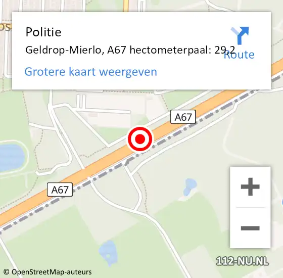Locatie op kaart van de 112 melding: Politie Geldrop-Mierlo, A67 hectometerpaal: 29,2 op 24 mei 2024 23:08