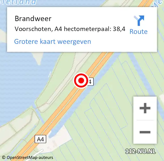 Locatie op kaart van de 112 melding: Brandweer Voorschoten, A4 hectometerpaal: 38,4 op 24 mei 2024 23:54