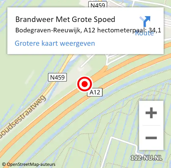 Locatie op kaart van de 112 melding: Brandweer Met Grote Spoed Naar Bodegraven-Reeuwijk, A12 hectometerpaal: 34,1 op 25 mei 2024 02:04