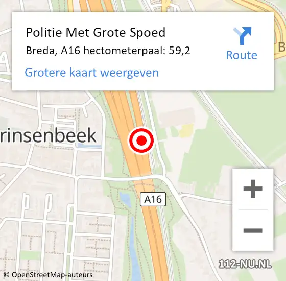 Locatie op kaart van de 112 melding: Politie Met Grote Spoed Naar Breda, A16 hectometerpaal: 59,2 op 25 mei 2024 03:40
