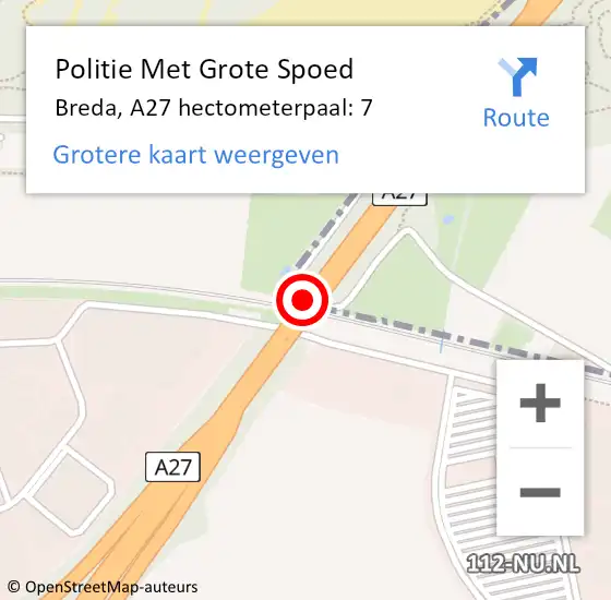 Locatie op kaart van de 112 melding: Politie Met Grote Spoed Naar Breda, A27 hectometerpaal: 7 op 25 mei 2024 05:18
