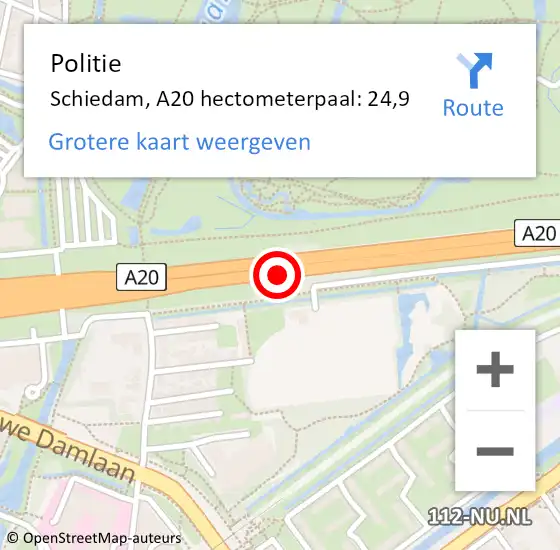 Locatie op kaart van de 112 melding: Politie Schiedam, A20 hectometerpaal: 24,9 op 25 mei 2024 06:37