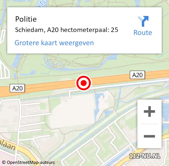 Locatie op kaart van de 112 melding: Politie Schiedam, A20 hectometerpaal: 25 op 25 mei 2024 06:40