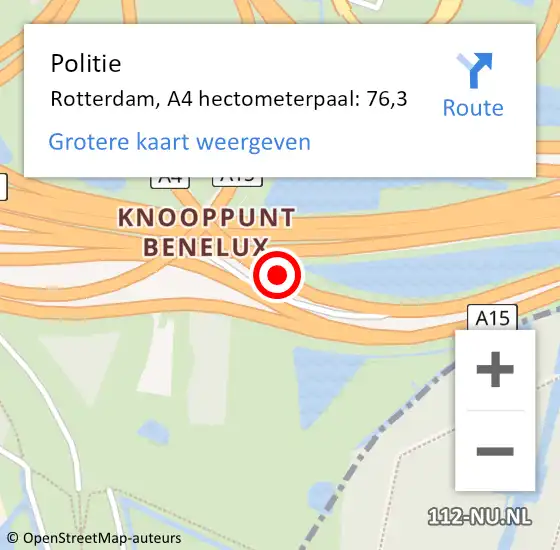 Locatie op kaart van de 112 melding: Politie Rotterdam, A4 hectometerpaal: 76,3 op 25 mei 2024 08:04