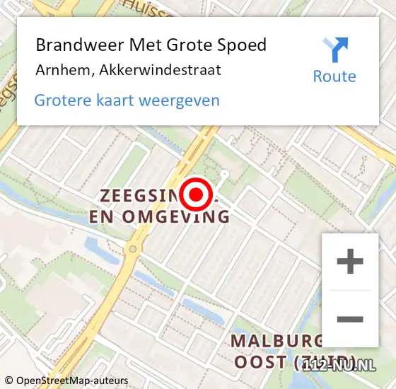 Locatie op kaart van de 112 melding: Brandweer Met Grote Spoed Naar Arnhem, Akkerwindestraat op 25 mei 2024 11:00