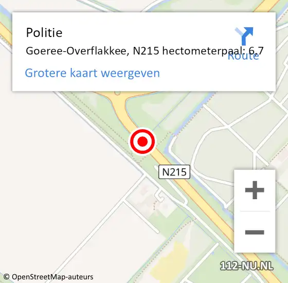 Locatie op kaart van de 112 melding: Politie Goeree-Overflakkee, N215 hectometerpaal: 6,7 op 25 mei 2024 12:49