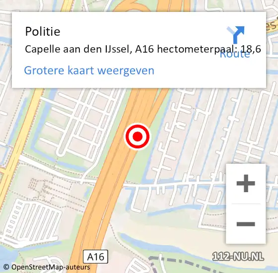 Locatie op kaart van de 112 melding: Politie Capelle aan den IJssel, A16 hectometerpaal: 18,6 op 25 mei 2024 13:09