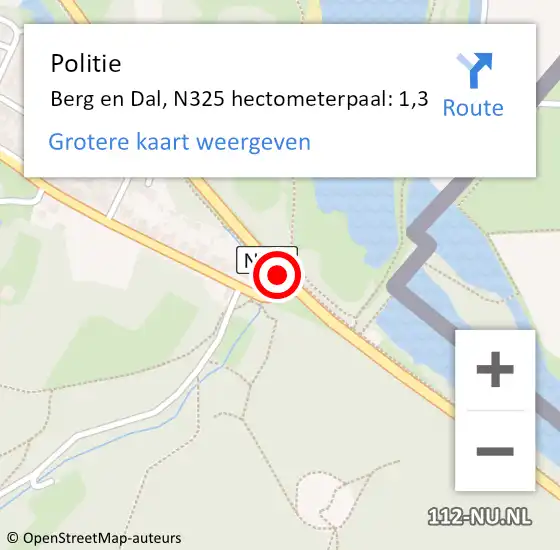 Locatie op kaart van de 112 melding: Politie Berg en Dal, N325 hectometerpaal: 1,3 op 25 mei 2024 14:05