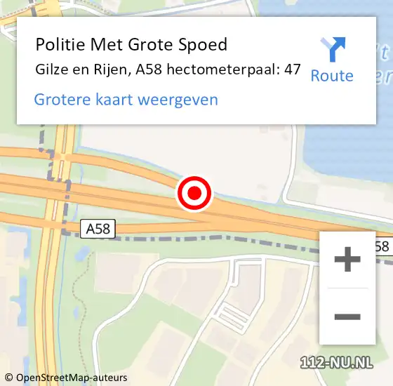 Locatie op kaart van de 112 melding: Politie Met Grote Spoed Naar Gilze en Rijen, A58 hectometerpaal: 47 op 25 mei 2024 14:14