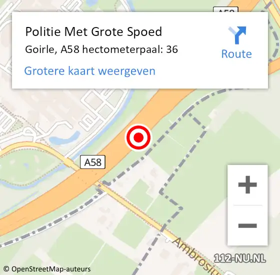 Locatie op kaart van de 112 melding: Politie Met Grote Spoed Naar Goirle, A58 hectometerpaal: 36 op 25 mei 2024 14:32