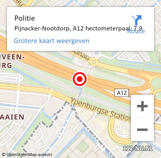 Locatie op kaart van de 112 melding: Politie Pijnacker-Nootdorp, A12 hectometerpaal: 7,9 op 25 mei 2024 15:27