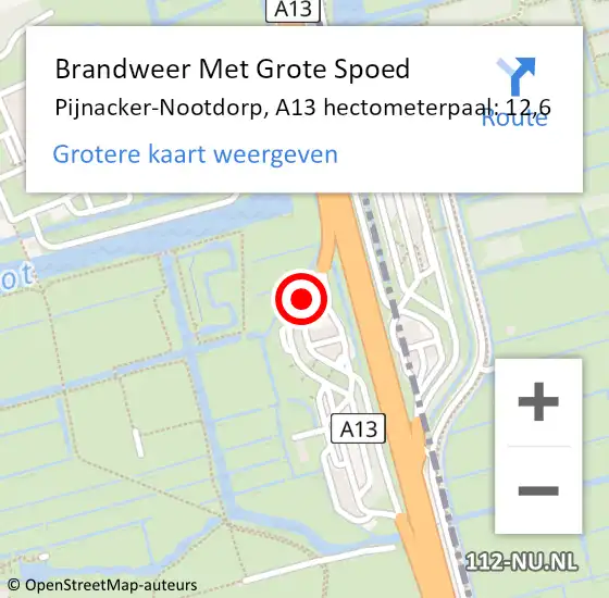 Locatie op kaart van de 112 melding: Brandweer Met Grote Spoed Naar Pijnacker-Nootdorp, A13 hectometerpaal: 12,6 op 25 mei 2024 16:02