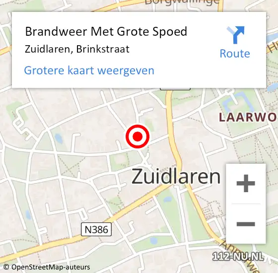 Locatie op kaart van de 112 melding: Brandweer Met Grote Spoed Naar Zuidlaren, Brinkstraat op 25 mei 2024 16:04