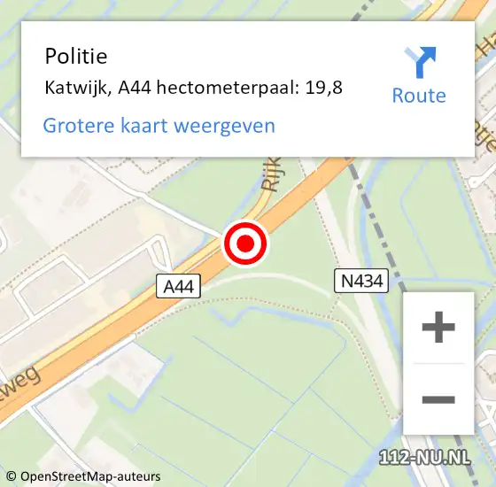 Locatie op kaart van de 112 melding: Politie Katwijk, A44 hectometerpaal: 19,8 op 25 mei 2024 16:33