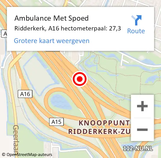 Locatie op kaart van de 112 melding: Ambulance Met Spoed Naar Ridderkerk, A16 hectometerpaal: 27,3 op 25 mei 2024 17:51