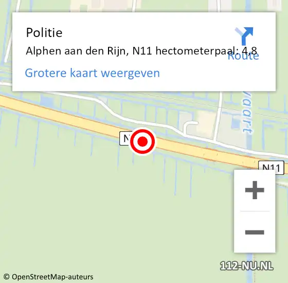 Locatie op kaart van de 112 melding: Politie Alphen aan den Rijn, N11 hectometerpaal: 4,8 op 25 mei 2024 18:32