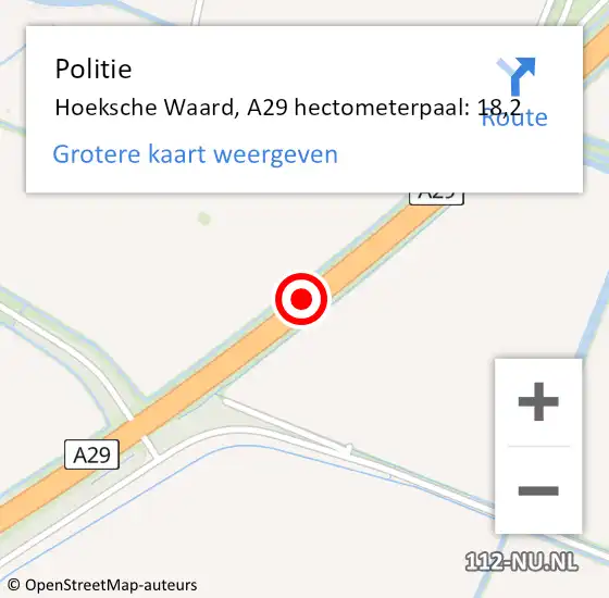 Locatie op kaart van de 112 melding: Politie Hoeksche Waard, A29 hectometerpaal: 18,2 op 25 mei 2024 18:51
