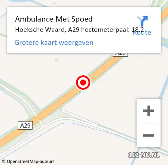 Locatie op kaart van de 112 melding: Ambulance Met Spoed Naar Hoeksche Waard, A29 hectometerpaal: 18,2 op 25 mei 2024 18:54
