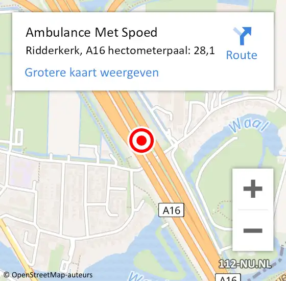 Locatie op kaart van de 112 melding: Ambulance Met Spoed Naar Ridderkerk, A16 hectometerpaal: 28,1 op 25 mei 2024 19:14