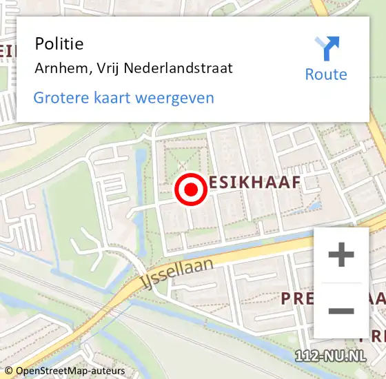 Locatie op kaart van de 112 melding: Politie Arnhem, Vrij Nederlandstraat op 25 mei 2024 20:09