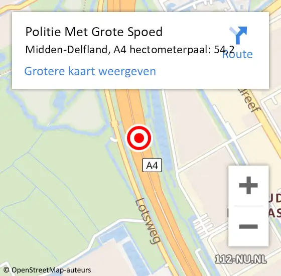 Locatie op kaart van de 112 melding: Politie Met Grote Spoed Naar Midden-Delfland, A4 hectometerpaal: 54,2 op 25 mei 2024 21:42