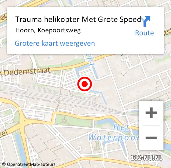 Locatie op kaart van de 112 melding: Trauma helikopter Met Grote Spoed Naar Hoorn, Koepoortsweg op 25 mei 2024 22:05