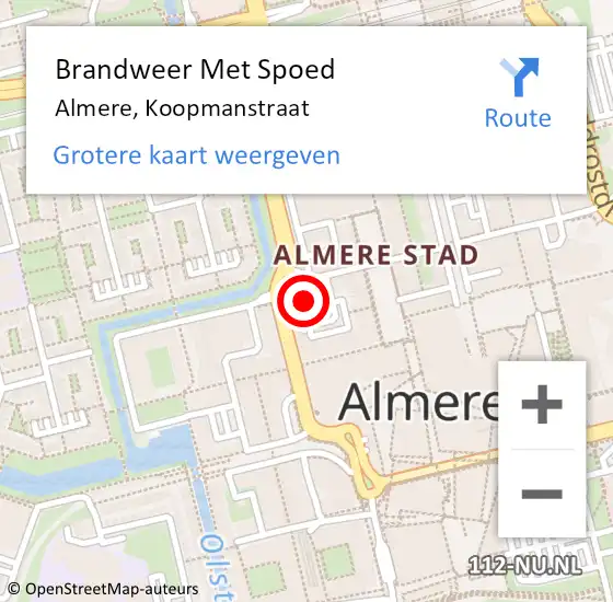 Locatie op kaart van de 112 melding: Brandweer Met Spoed Naar Almere, Koopmanstraat op 25 mei 2024 22:42