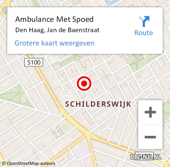 Locatie op kaart van de 112 melding: Ambulance Met Spoed Naar Den Haag, Jan de Baenstraat op 26 mei 2024 01:11