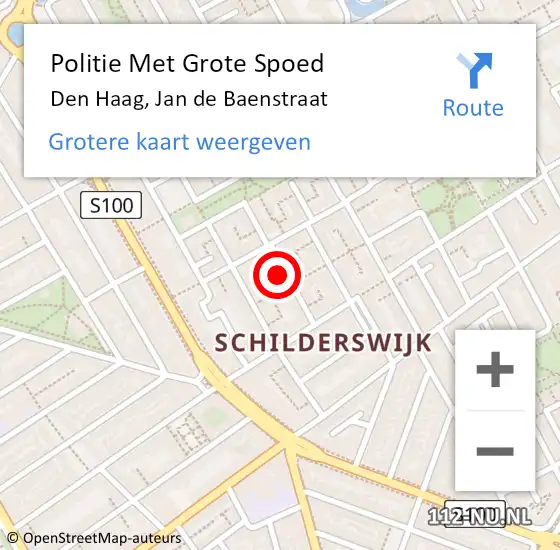 Locatie op kaart van de 112 melding: Politie Met Grote Spoed Naar Den Haag, Jan de Baenstraat op 26 mei 2024 01:13
