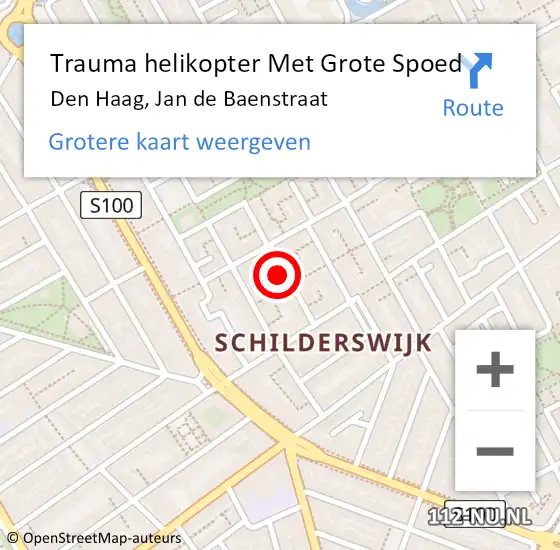 Locatie op kaart van de 112 melding: Trauma helikopter Met Grote Spoed Naar Den Haag, Jan de Baenstraat op 26 mei 2024 01:15