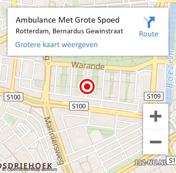 Locatie op kaart van de 112 melding: Ambulance Met Grote Spoed Naar Rotterdam, Bernardus Gewinstraat op 26 mei 2024 01:31